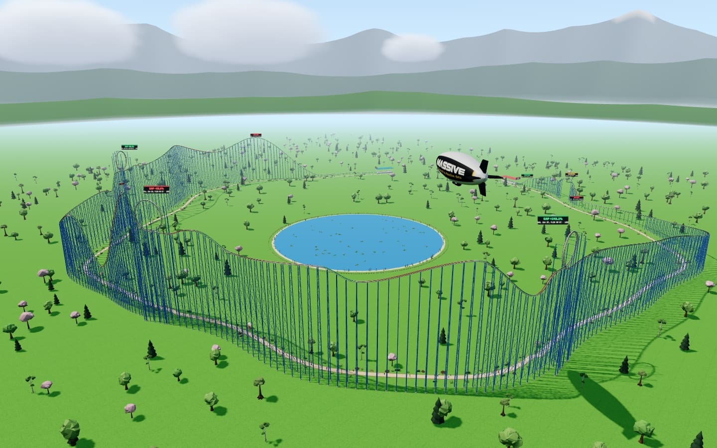 A whole roller coaster built from GME's squeeze week, circling a lake, with the Massive blimp overhead and mountains behind