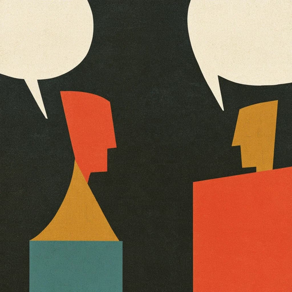 Two flat illustrated figures facing each other, each with an empty speech bubble