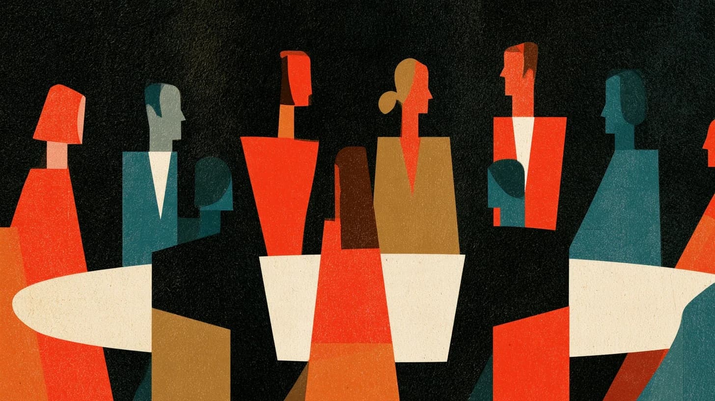 Flat mid-century illustration of people in red, teal and ochre sitting around an oval table