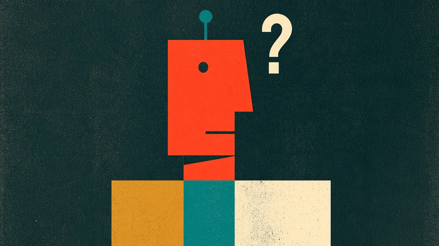 A geometric robot head in profile with a question mark beside it